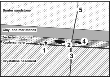 Fig. 2 Schematic cross section illustrating the stratigraphic relation- relation-ships in the Spessart district and the structural setting of the different ore mineralization types