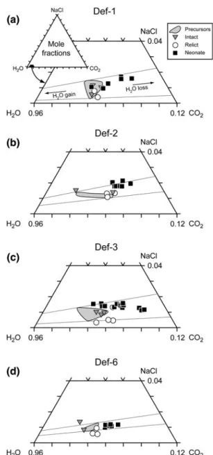 Fig. 8 Ternary CO 2 –H 2 O–NaCl compositions (mole fractions) of fluid inclusions after deformation experiments involving deviatoric stresses