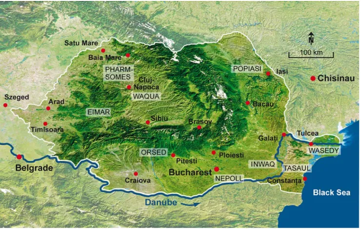 Fig. 2 Map of Romania with locations of the nine ESTROM projects. For project acronyms, see Table 1Table 1(continued)