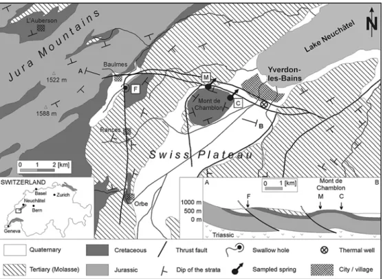 Fig. 1 Location, geological map (after Jordi 1994) and cross-section of the test site.