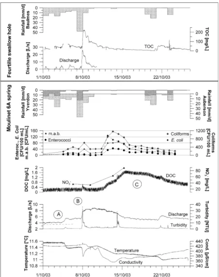 Fig. 5 Dynamics of natural parameters during and after heavy rainfall at the Moulinet 6A spring (below) and the Feurtille swallow hole (above).