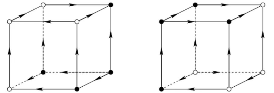 Fig. 12 An AUSO of the 4-cube satisfying the Holt-Klee condition. The arcs between the two depicted 3-cube facets go from the dark to the light vertices