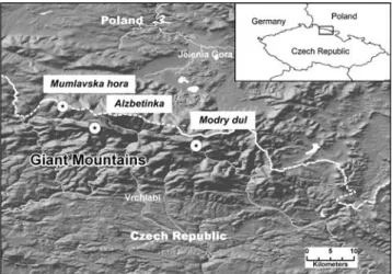 Fig. 1 Location of the three study sites in the Giant/Krkonose Mountains