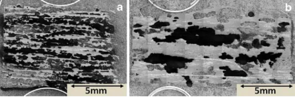 Fig. 9 Microstructure after 202°C preheating of a 60 wt.% TP-P4 and b 30 wt.% GMT