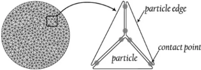 Fig. 1 A representative particle assemblage used for the Brazilian test simulation, and configuration of model-constructing particles and contacts