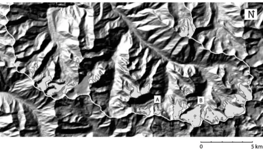 Fig. 2 Overview of the glaciers analysed inside the upper part of the Sokoluk watershed (white borderline).