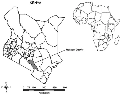 Fig. 1 The Makueni District study area in Kenyan and African context