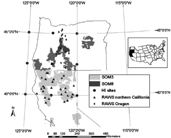 Fig. 1 Map of the study region, including two groups of NF (SOM3, SOM8) with similar temporal patterns of area burned (Trouet et al
