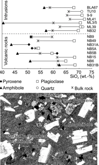 Fig. 9 Silica content of whole rocks and melt inclusions in diﬀerent phenocrysts in the same sample