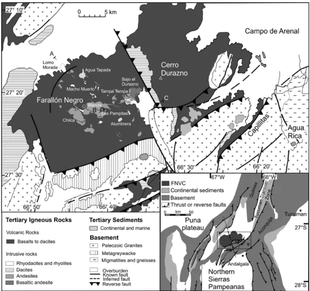 Fig. 1 Simpliﬁed geological map of the Farallo´n Negro Volcanic Complex in northwestern Argentina (Llambias 1970, 1972;  Mar-tinez et al