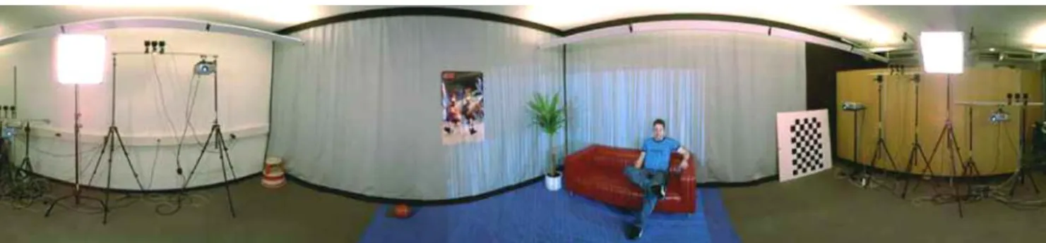 Fig. 8. Our 3D video studio consisting of four acquisition bricks. Structured light patterns illuminate the scene to support the 3D reconstruction