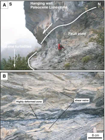 Fig. 2 Field photographs illustrating the studied section of the Monte Perdido thrust fault