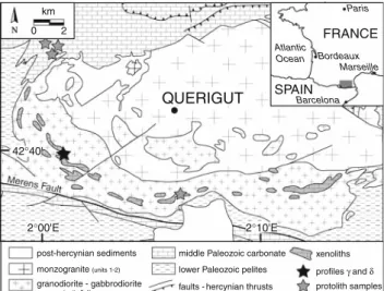 Fig. 1 Simplified geological map of the Que´rigut region in the Eastern Pyrenees, France (after Durand et al