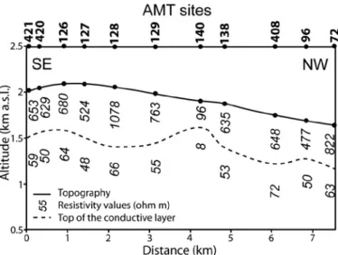 Fig. 3.  1D resistivity model of PA profile from 1D invariant modelling. Above  are the AMt sites
