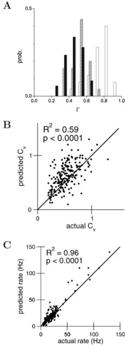 Fig. 3 (A). Comparison of coincidence factor  . The distribution of  m→n for the neurons without repetitions (black) is compared to the distribution of coincidence factor  m → n for the neurons with repetitions (shaded gray) and to the distribution of  n →