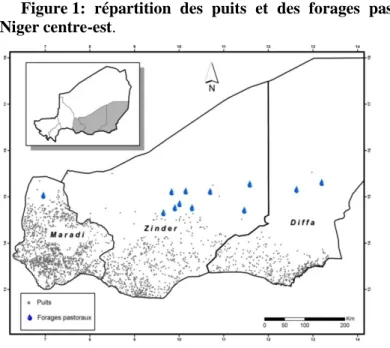 Figure 1:  répartition  des  puits  et  des  forages  pastoraux  du  Niger centre-est