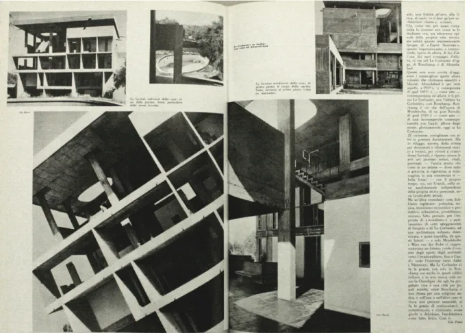 Fig. 1. Double page de Domus (n° 320, 1956), photographies de Lucien Hervé des constructions  de Le Corbusier en Inde.