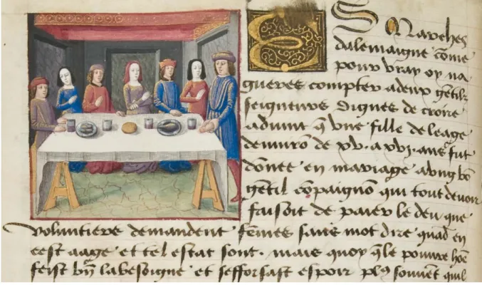 Fig. 2. Les Cent Nouvelles nouvelles, ms Hunter, 252, fol. 168v, by permission, University of  Glasgow Library, Special Collections.