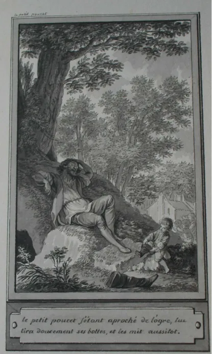 Fig. 8. Le Cabinet des Fées, Le Petit Poucet (dessin non retenu), lavis de Cl.-P. Marillier,  138 x 80 mm, Paris, BnF (cliché A
