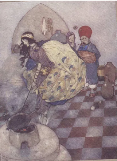 Fig. 3. Edmund Dulac, ‘Whereupon one upset the pan into the fire,’ from: Stories from  the Arabian Nights, Retold by Laurence Housman, London, Hodder and Stoughton, 1907