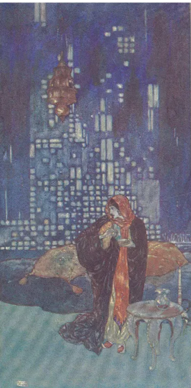 Fig. 4. Edmund Dulac, ‘The cup of wine which she gives him each night contains a  sleeping-draught,’ from: Stories from the Arabian Nights, Retold by Laurence Housman, 