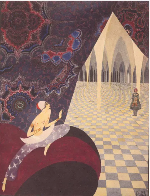 Fig. 8. Illustration by Rosa, from: Ernst Roenau, Thousand and One Nights, Chicago,  Julius Wisotzki, 1924