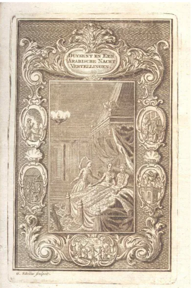 Fig. 1. Frontispice of a Dutch edition of Galland’s Mille et une nuits: De Duysend en Eene  Nacht, Arabische Vertellingen, vol