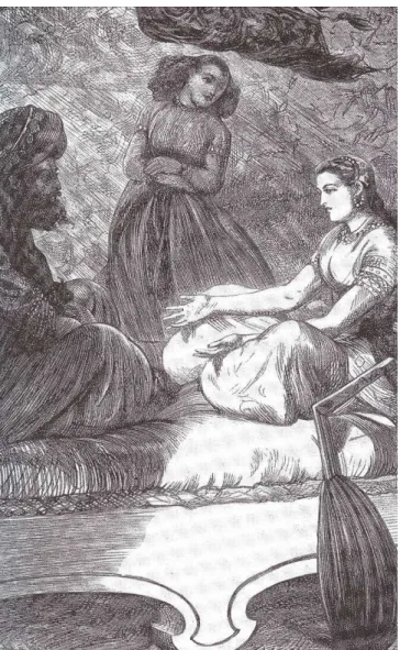 Fig. 2. Illustration by Arthur Boyd Houghton, ‘Schehera-zade Relating the Stories to  the Sultan,’ Frontispice for The Arabian Nights’ Entertainments, (1865), from: David  Latham (ed.), Haunted Texts; Studies in Pre-Raphaelitism,Toronto etc., University of