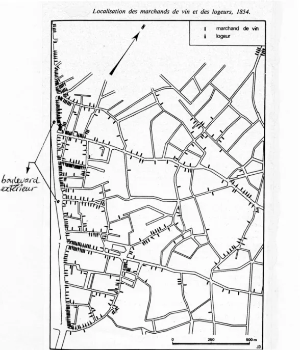 Figure 6: Localisation des marchands de vin dans le Bas‐Belleville, une commune   