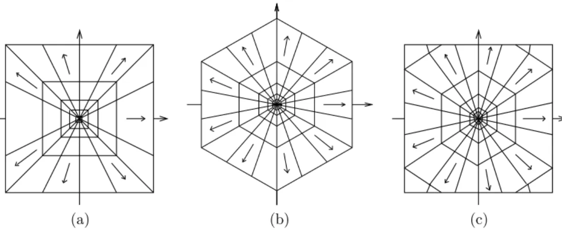 Figure 5: Three examples of potential implementations for squarely sampled images—(a) and (c)—and hexagonally sampled images—(b).