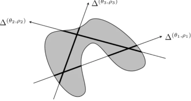 Fig. 2. Different longitudinal cuts of a binary object. An oriented line