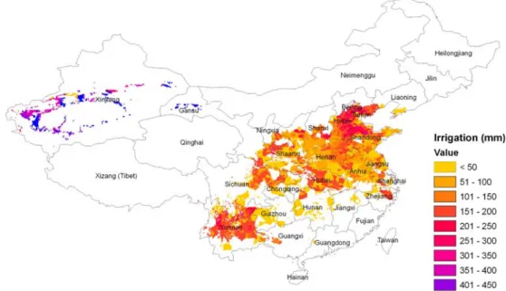 Fig. 3 Map of simulated irrigation depth for winter wheat (2000)