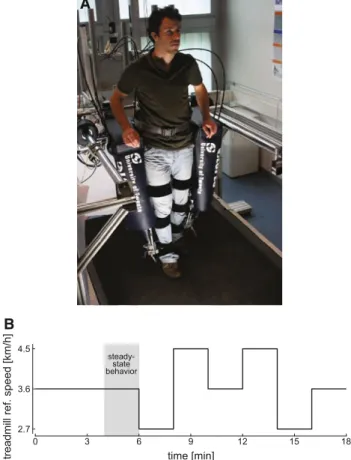 Fig. 4 a Picture of an healthy subject wearing the LOPES. b Vari- Vari-ations of the treadmill reference speed over a typical trial of ‘‘low assistance’’ or ‘‘high assistance’’ condition
