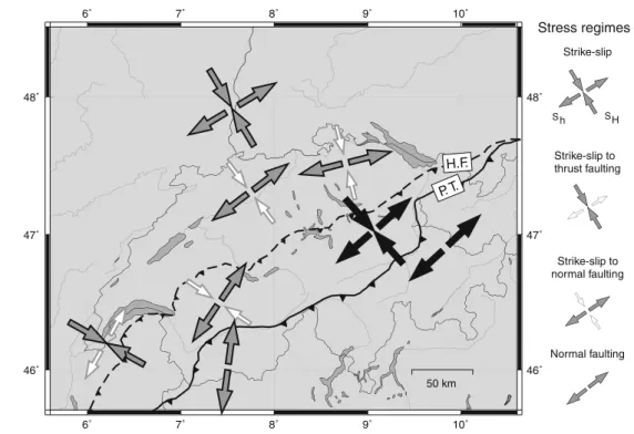 Fig. 8 Stress regimes in Switzerland (modified after Kastrup et al. 2004), grey arrows stress orientations determined by Kastrup et al.