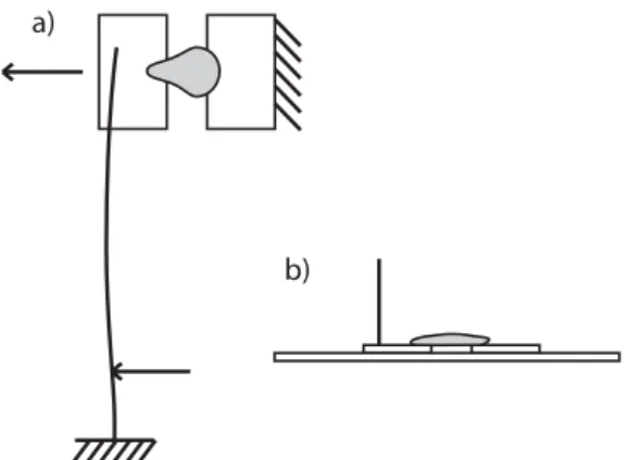 Fig. 1. Schematic of the mechanical forcing setup. A top view is shown in a), while a side view is shown in b)