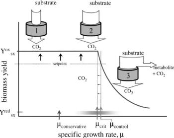 Fig. 1 Idealized case of biomass yield, Y sx , vs. speciﬁc growth rate l for an overﬂow metabolite organism