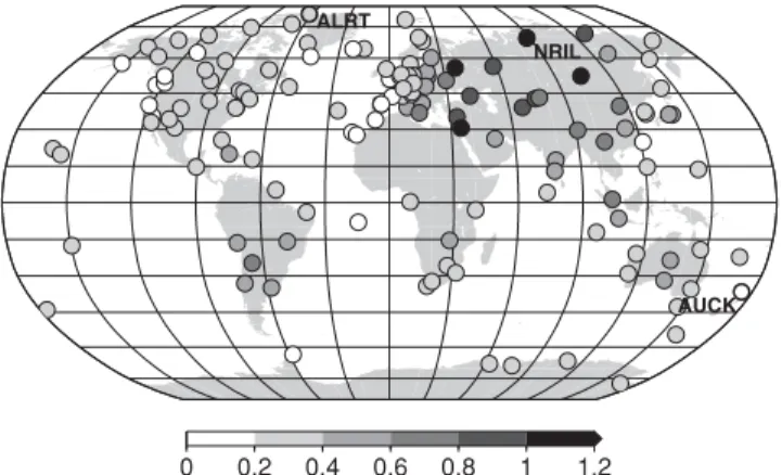 Fig. 6. Average scale factors for OTL using the GOT00.2 ocean tide model expressed in units of the reproducibility