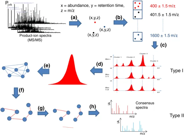 Figure 1. Tandem mass spectra are divided according to their precursor channels, then processed (a)