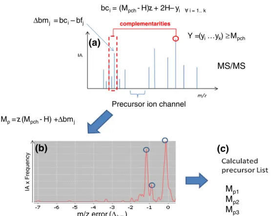 Figure 2. Overview of precursor ion correction. For a given spectrum, the precursor ion m/z value is estimated by the complementarities of b- and y-ions
