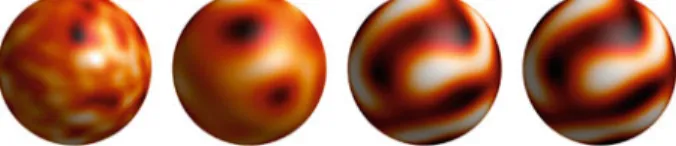 Fig. 7 Simulation of the reaction–diffusion system (31) on a sphere of radius R = 0 . 3 with k = 0 