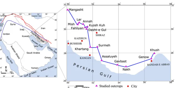 Fig. 1 The Arabian Platform and simplified location map of the studied exposures in the Zagros fold-thrust belt