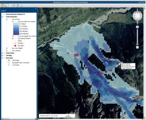 Fig. 6 Graphical user interface of the cartographic information system for the exploration and visualization of natural hazards assessment results and inherent uncertainties [orthoimage reproduced with the authorization of swisstopo (JD100042)]