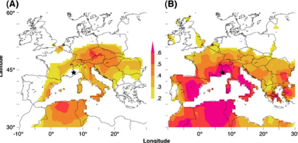 Fig. 7 Spatial field correlations between the ALL chronology (black star) and June – August temperatures (CRU TS3) computed over the a early 1901 – 1953 and b late 1954 – 2006 period