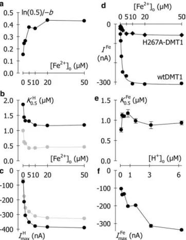 Fig. 3 Fe 2+ and H + saturation kinetics of wtDMT1 as functions of cosubstrate concentrations