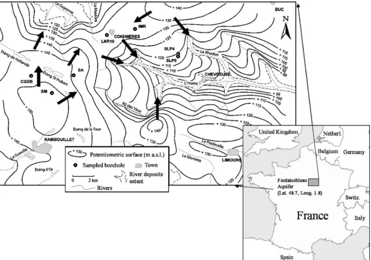 Fig. 1 Location of the study area showing the isopiezometric heads in the Fontainebleau Sands Aquifer (modi ﬁ ed after Rampon 1965) and the location of the sampling well SM
