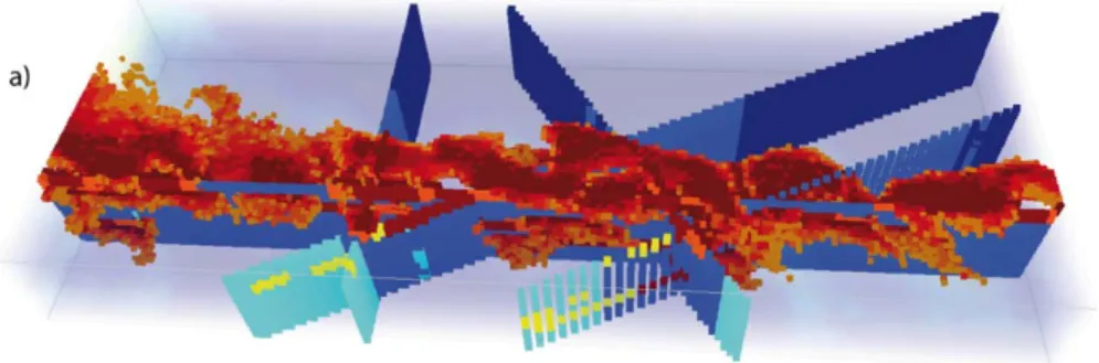 Fig. 7 Probability maps of facies, computed from 20 realizations. (a) Area where the probability of facies 4 exceeds 0.7