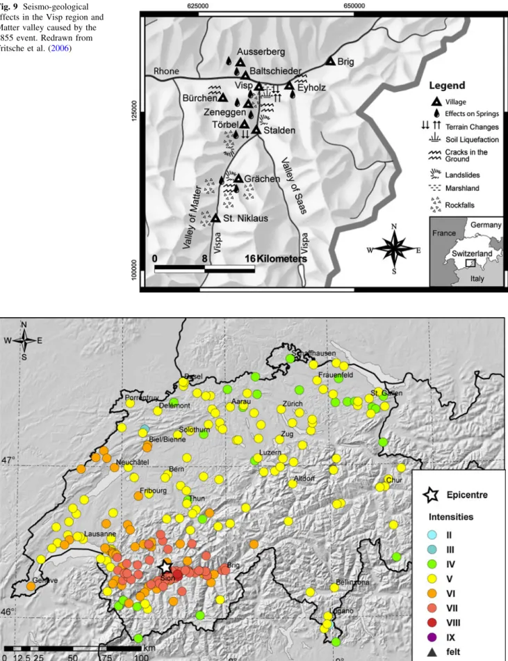 Fig. 9 Seismo-geological effects in the Visp region and Matter valley caused by the 1855 event