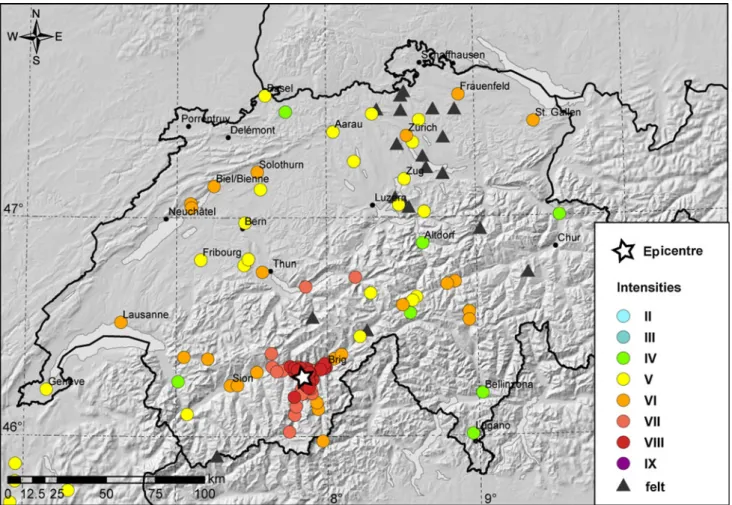 Fig. 4 Macroseismic field of the 1855 event near Visp