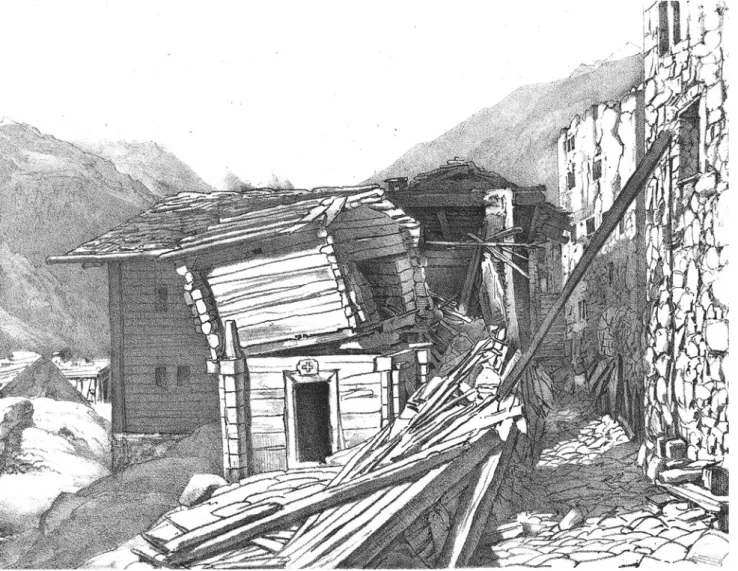 Fig. 6 St. Niklaus, near Visp, after the main shock of July 25, 1855 (Heusser 1856)