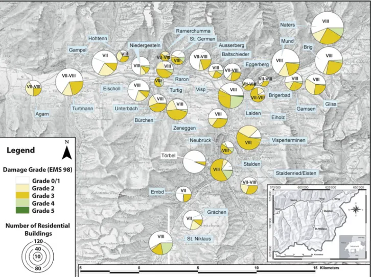 Fig. 7 Damage grades and intensities assigned on the basis of the contemporary damage assessment for the 1855 event